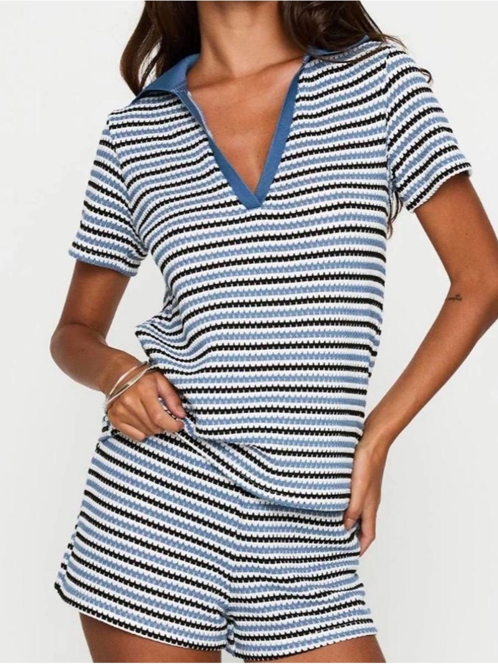 Princess Polly blue white/black striped collared top and mini shorts set